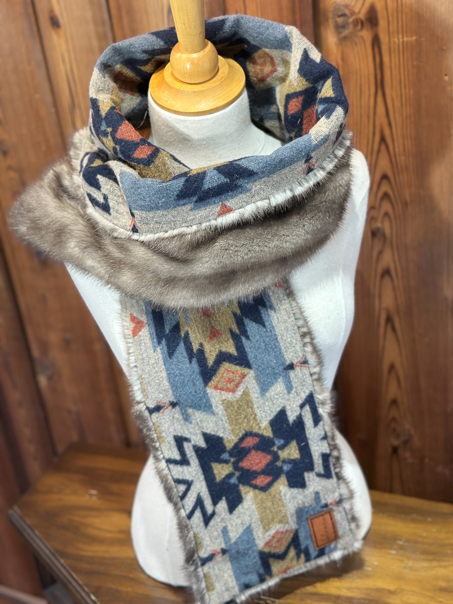 Foulard à capuchon réversible et amovible Taupe et Bleu