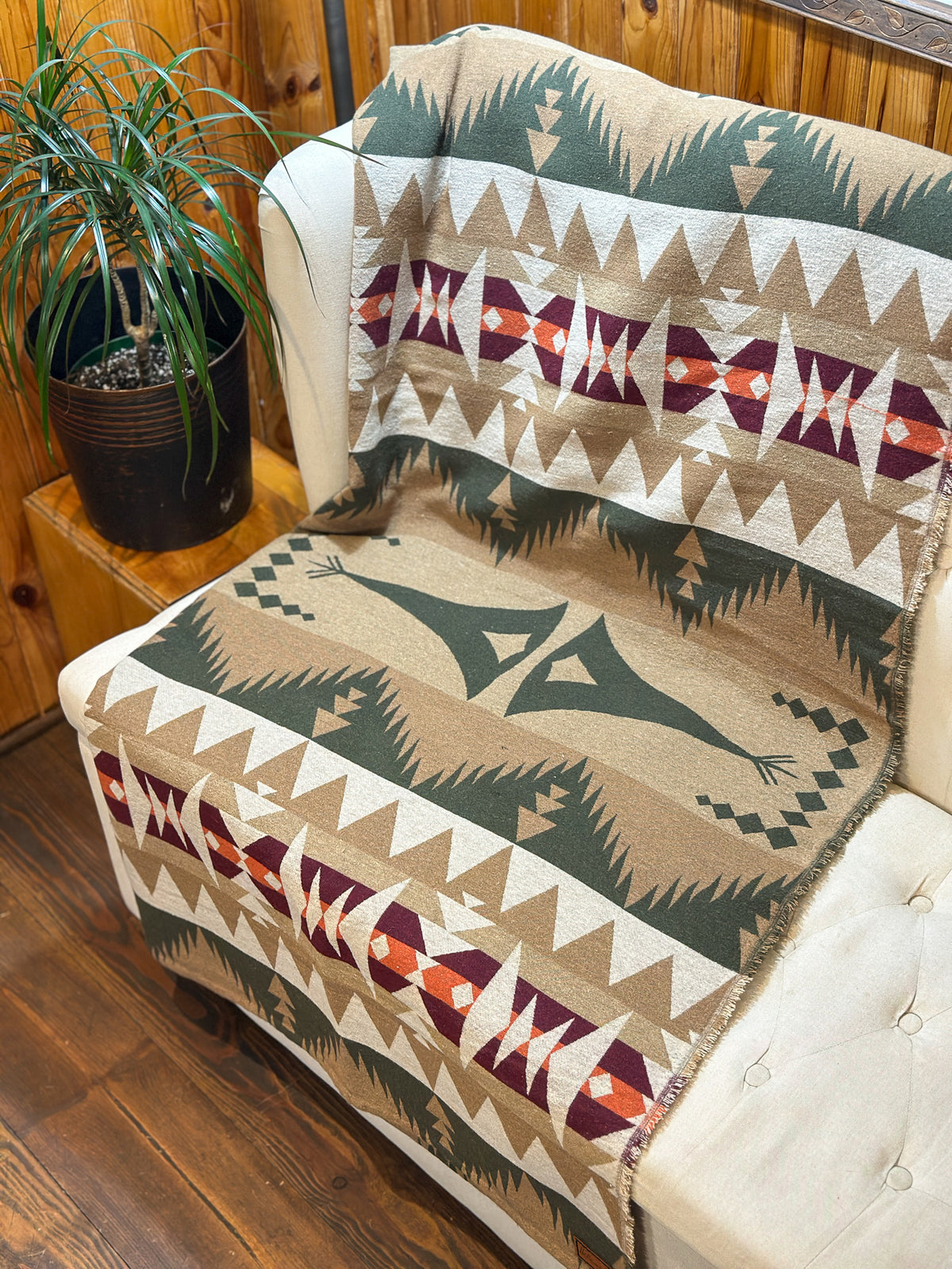 Couverture - Jeté en laine à motif boho aztèque - Vert et beige