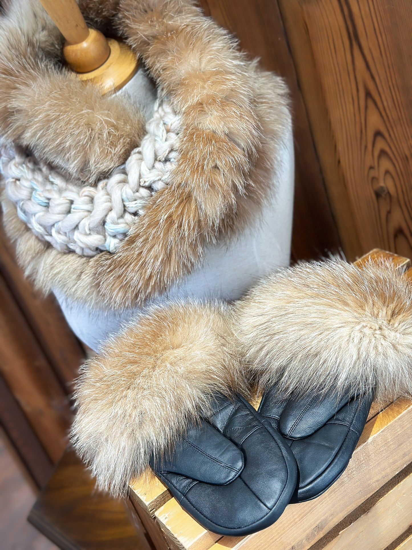 Foulard Mérinos avec fourrure recyclée - Renard