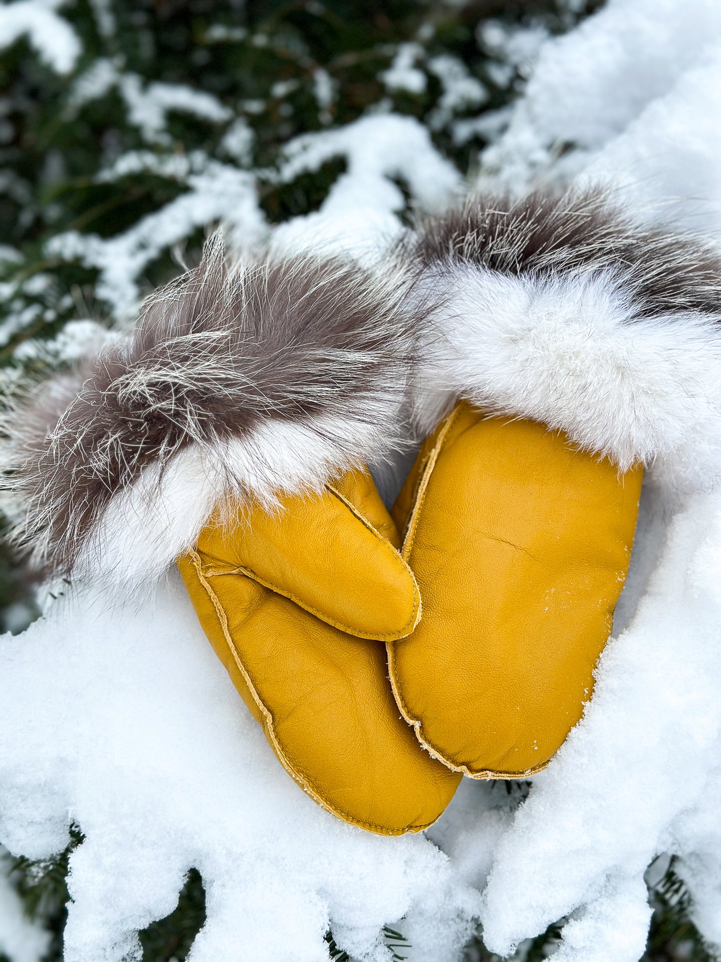 Mitaines en cuir jaune avec fourrure recyclée - Petite