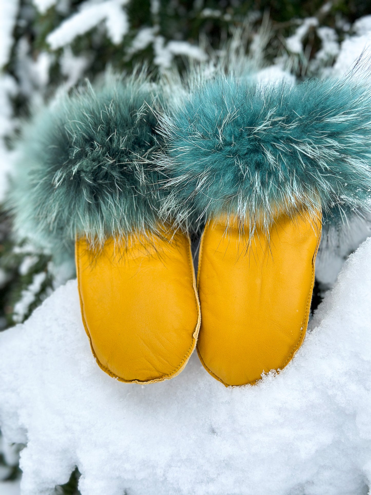 Mitaines en cuir jaune avec fourrure recyclée - Petite