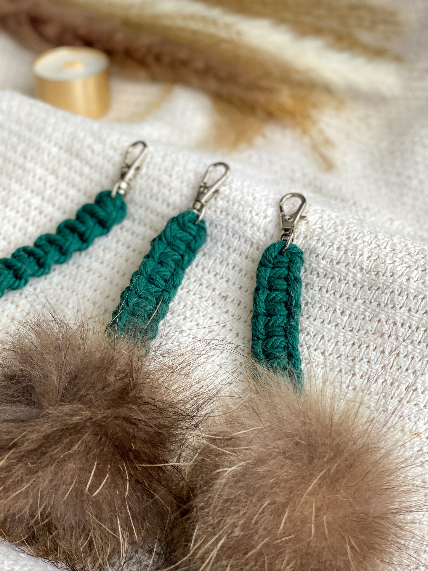 Turquoise macrame keychain with pompom