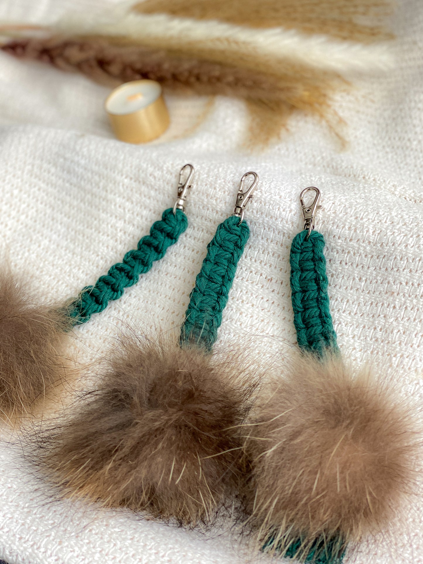 Turquoise macrame keychain with pompom