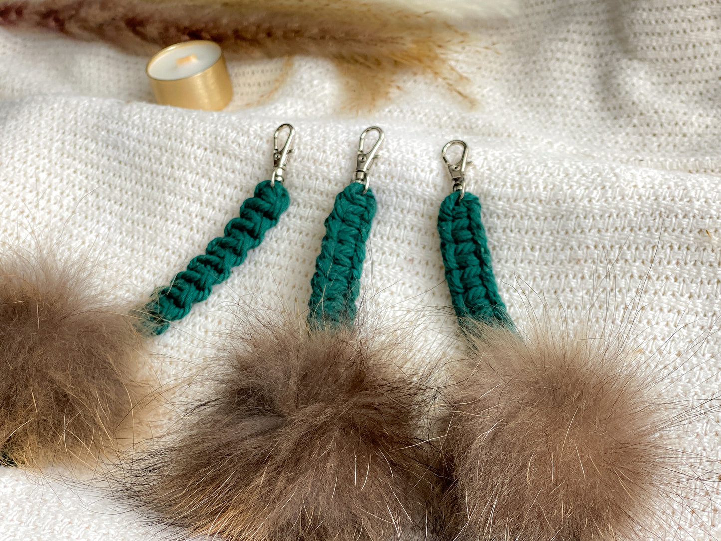 Turquoise macrame keychain with pompom