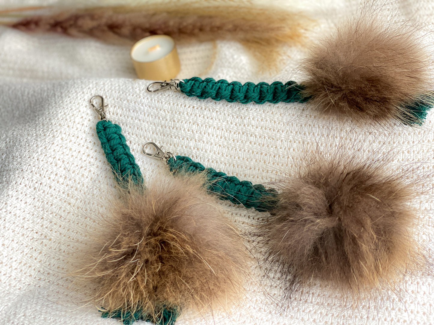 Turquoise macrame keychain with pompom