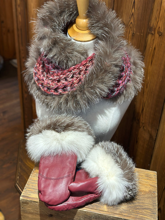 Ensemble Foulard et mitaines Rose avec fourrure recyclée - Renard