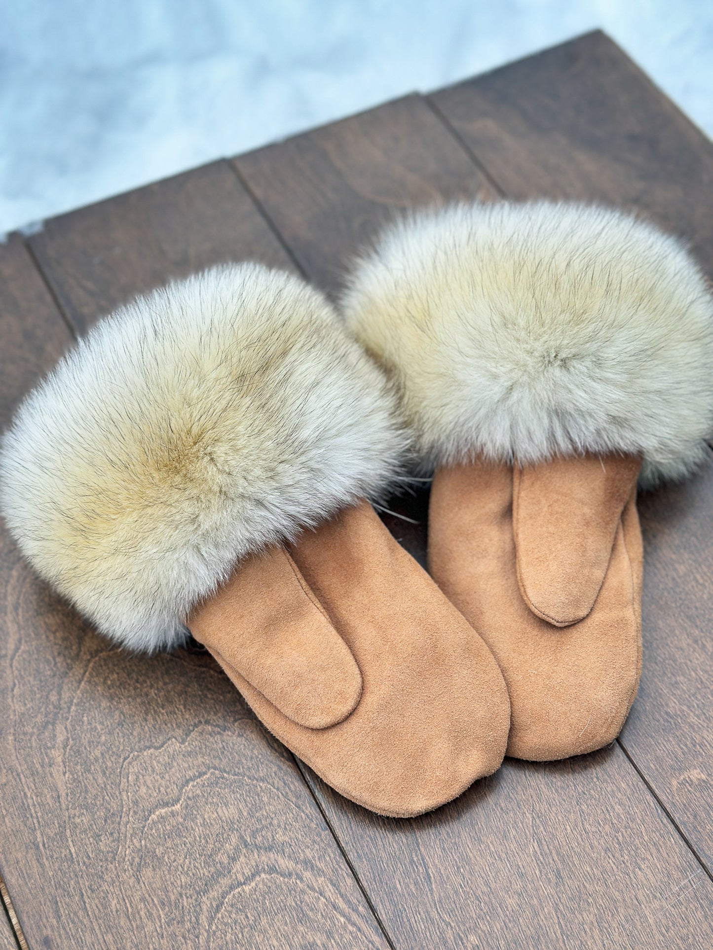 Mitaines en suède beige avec fourrure recyclée