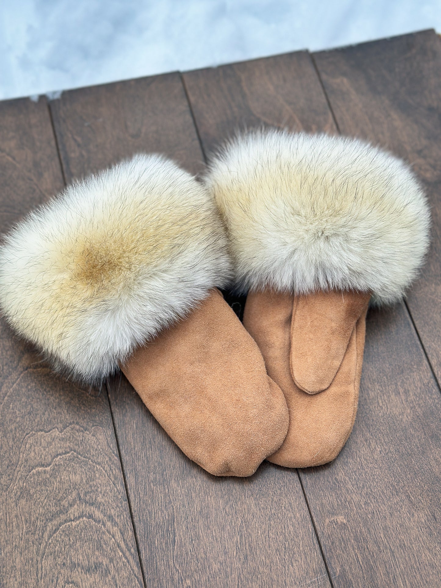 Mitaines en suède beige avec fourrure recyclée