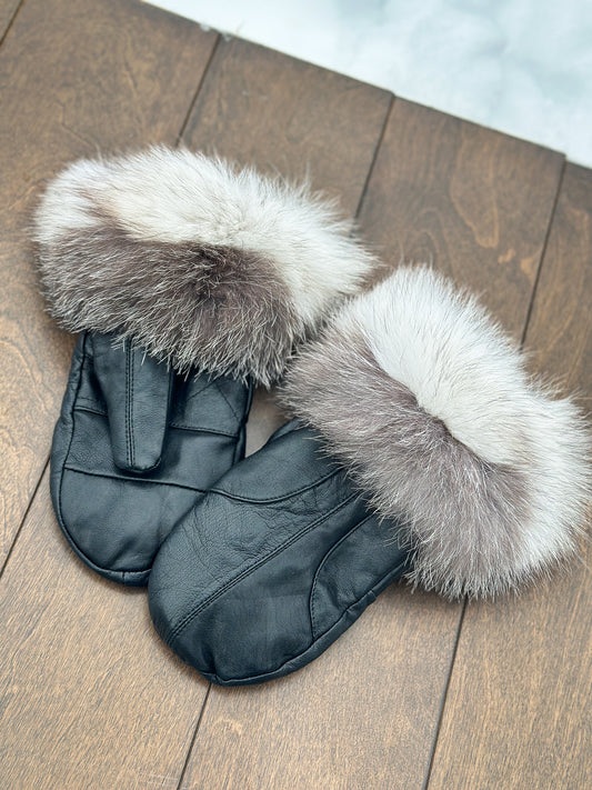 Mitaines en cuir noir avec fourrure recyclée- Renard