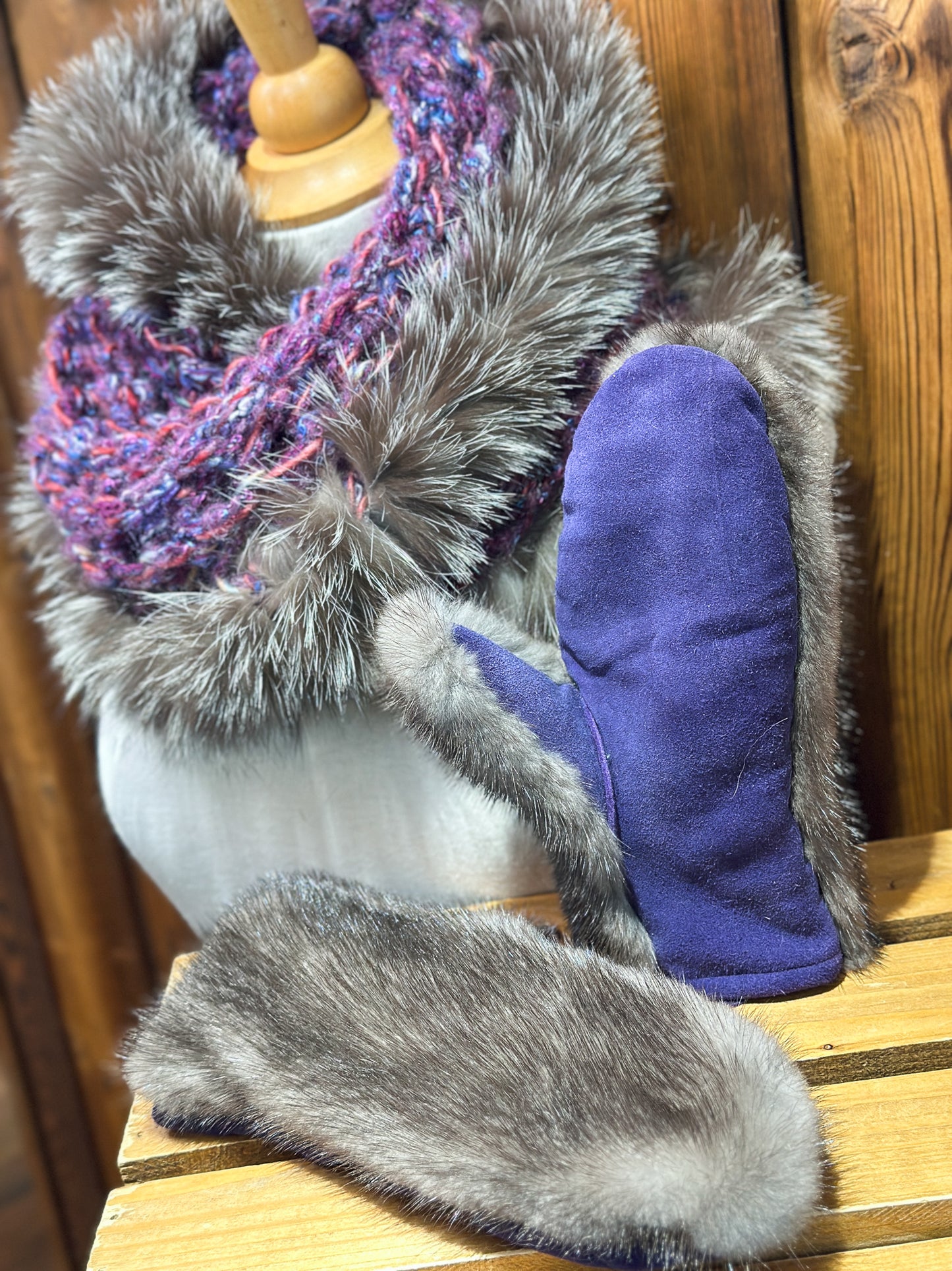 Foulard Mauve avec fourrure recyclée - Renard