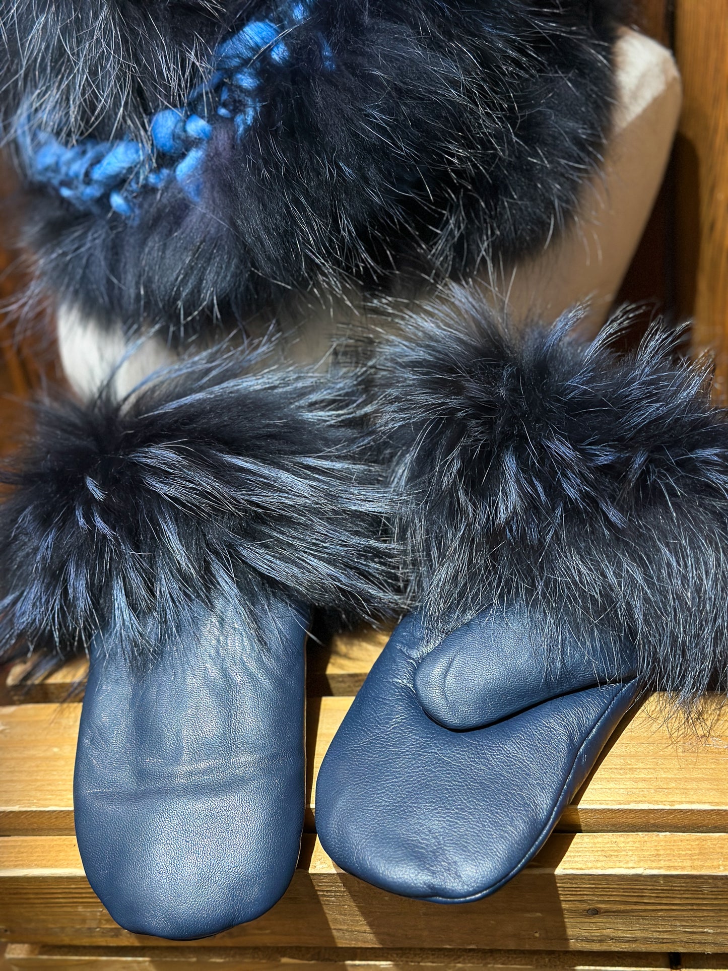 Ensemble Foulard et Mitaines Bleu avec fourrure recyclée - Renard