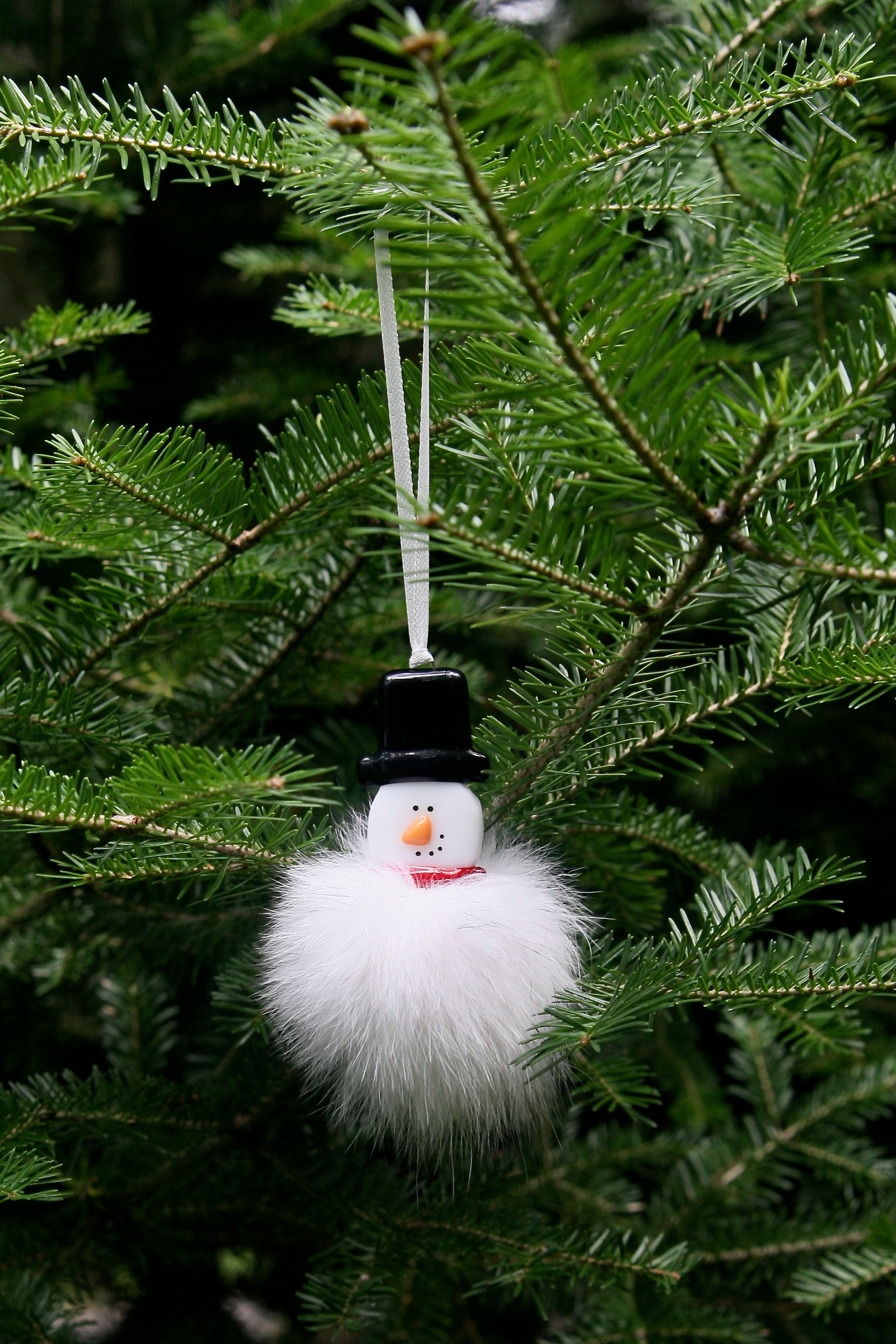 Christmas tree ornament in snowman with recycled fur pompon