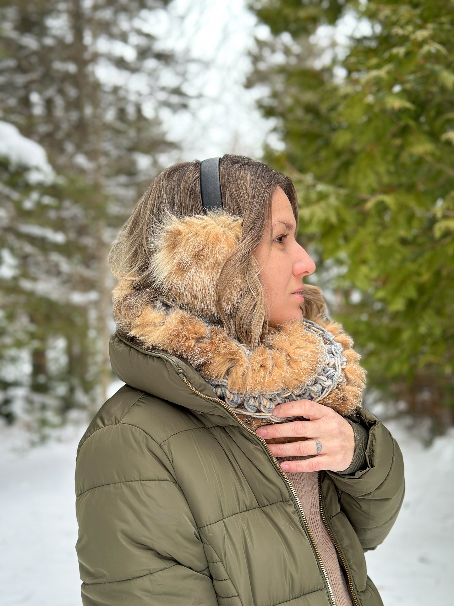 Cache-oreilles en fourrure recyclée, lynx