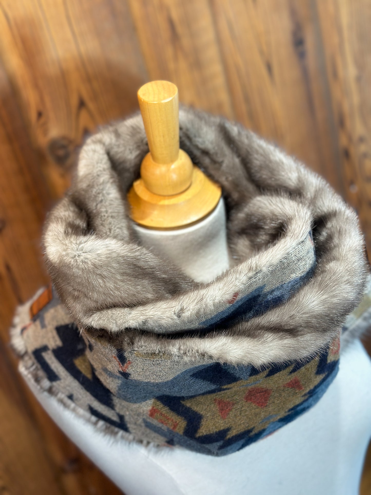 Foulard à capuchon réversible et amovible Taupe et Bleu