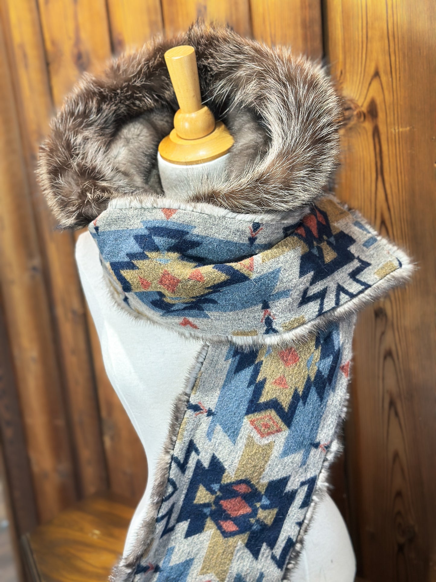 Foulard à capuchon réversible et amovible Taupe et Bleu