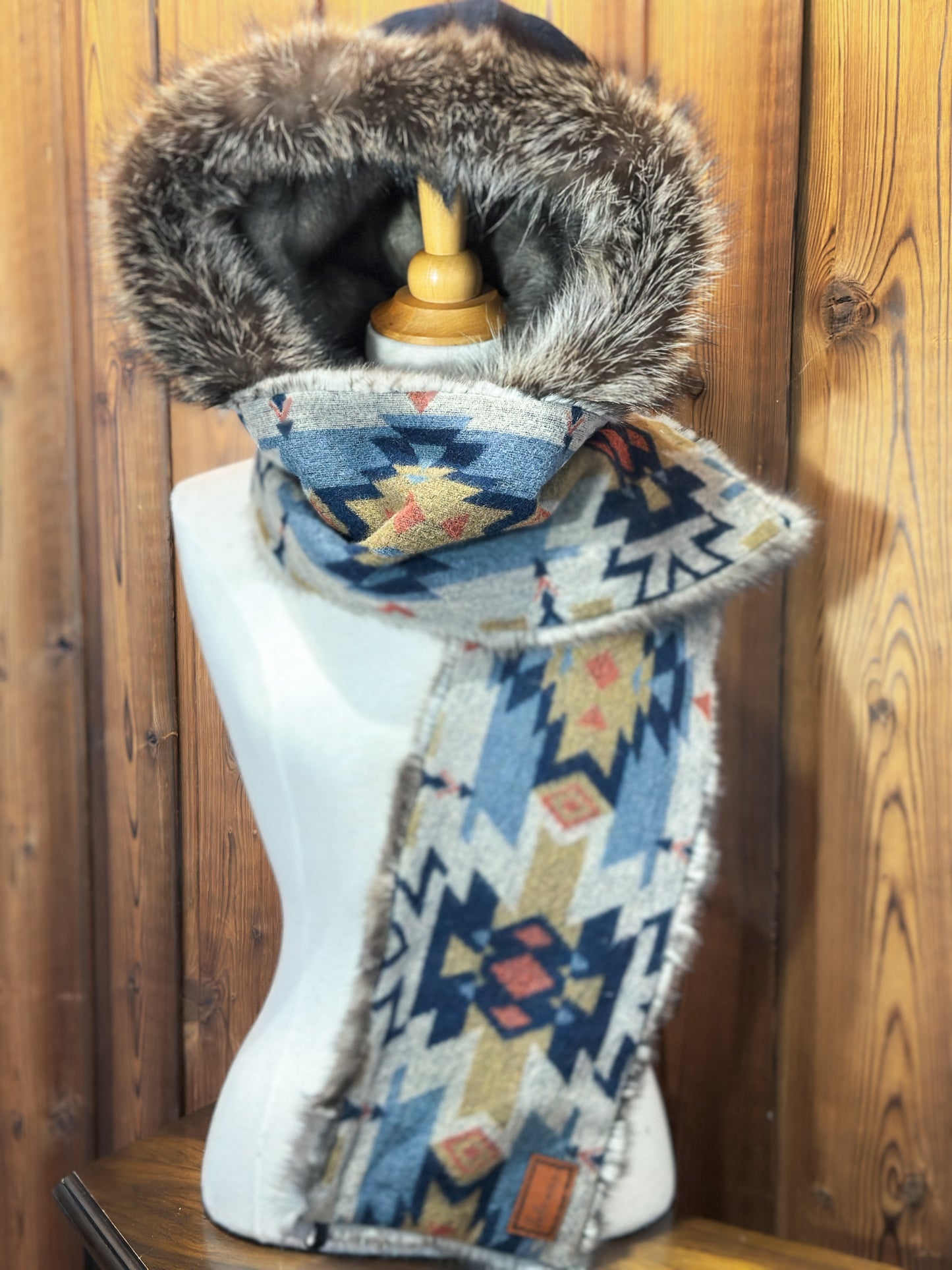 Foulard à capuchon réversible et amovible Taupe et Bleu