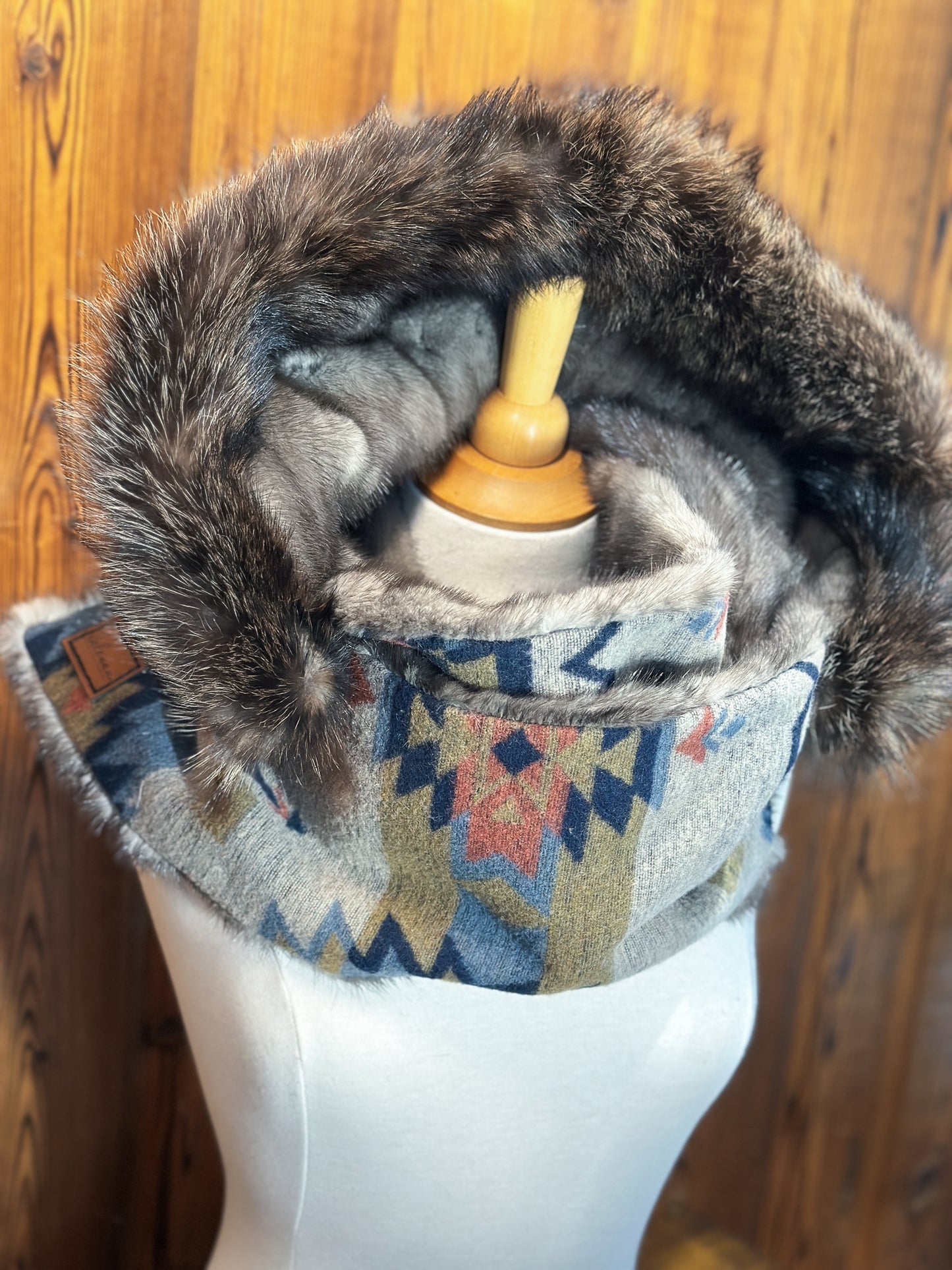 Foulard à capuchon réversible et amovible Taupe et Bleu