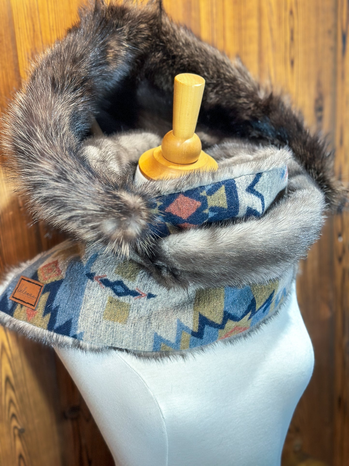 Foulard à capuchon réversible et amovible Taupe et Bleu