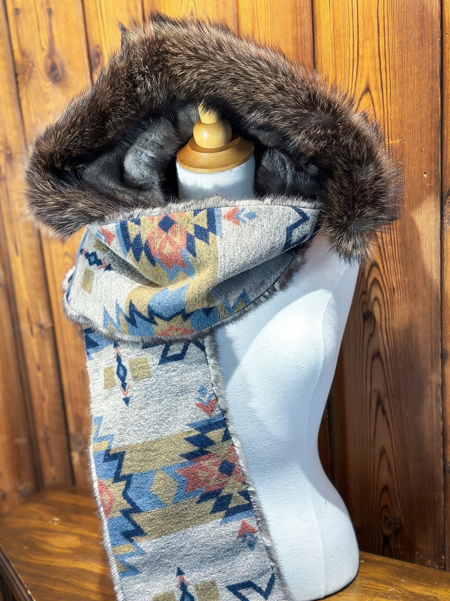 Foulard à capuchon réversible et amovible Taupe et Bleu