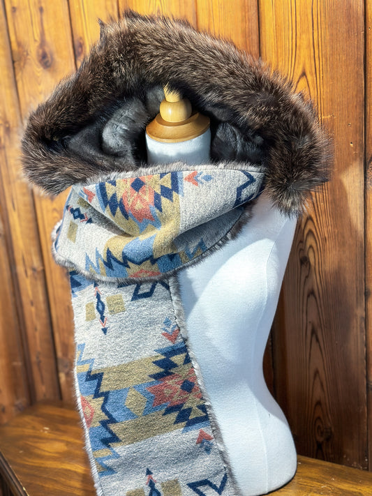 Foulard à capuchon réversible et amovible Taupe et Bleu