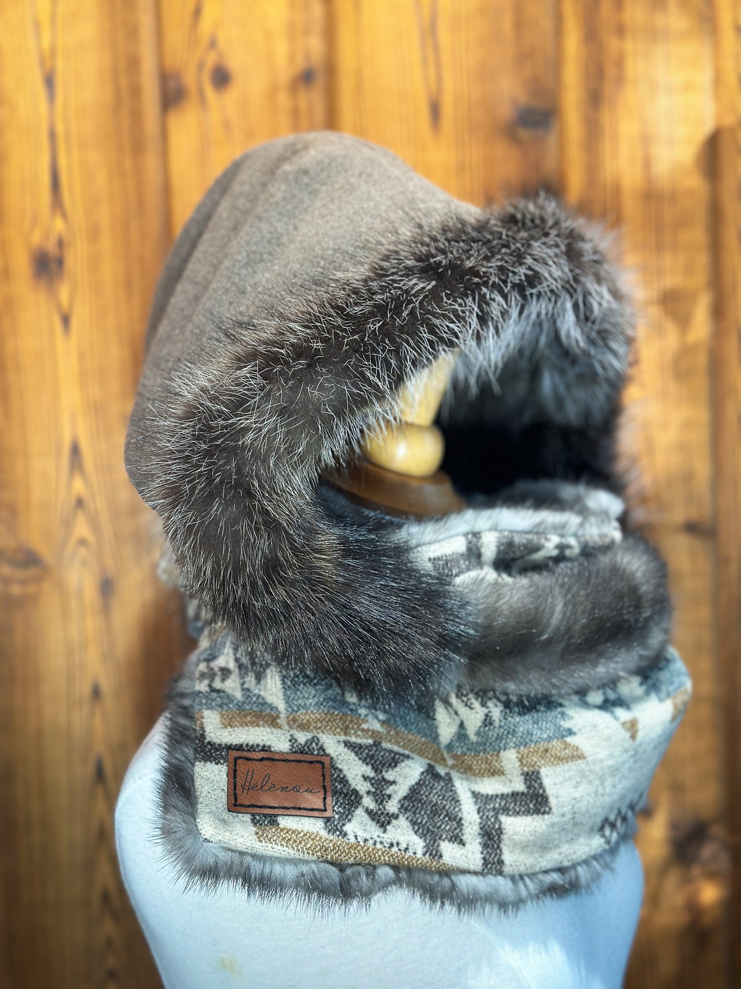 Foulard à capuchon amovible et réversible Taupe et Mauve