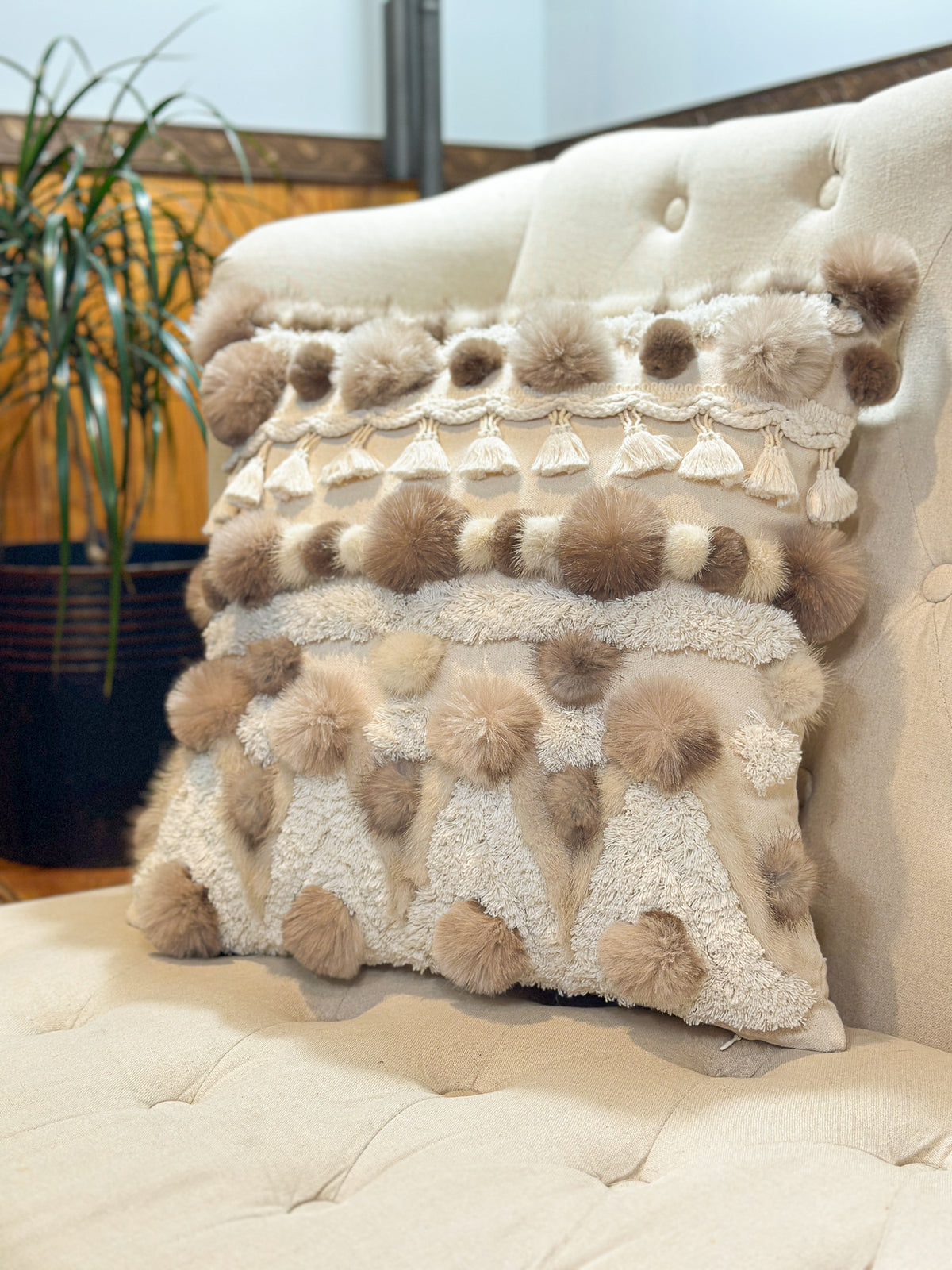 Coussin Bohème et fourrure recyclés - 18x18