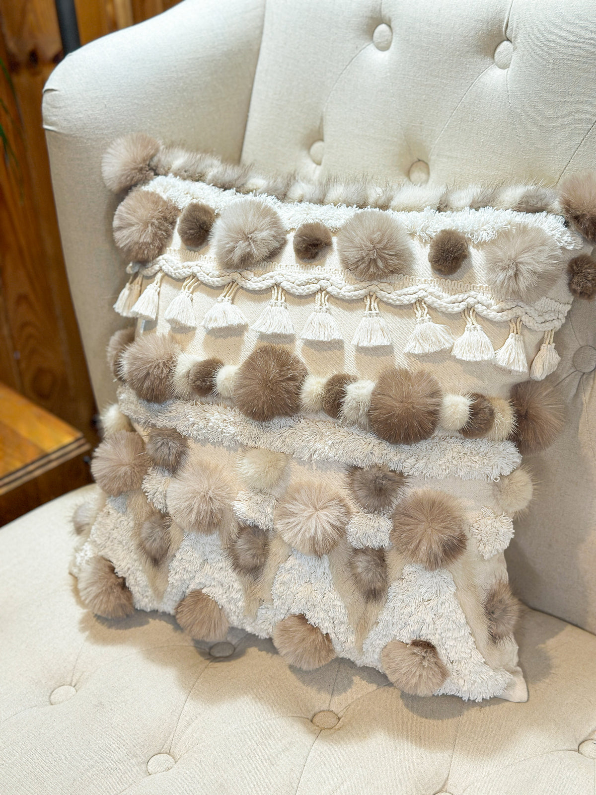 Coussin Bohème et fourrure recyclés - 18x18