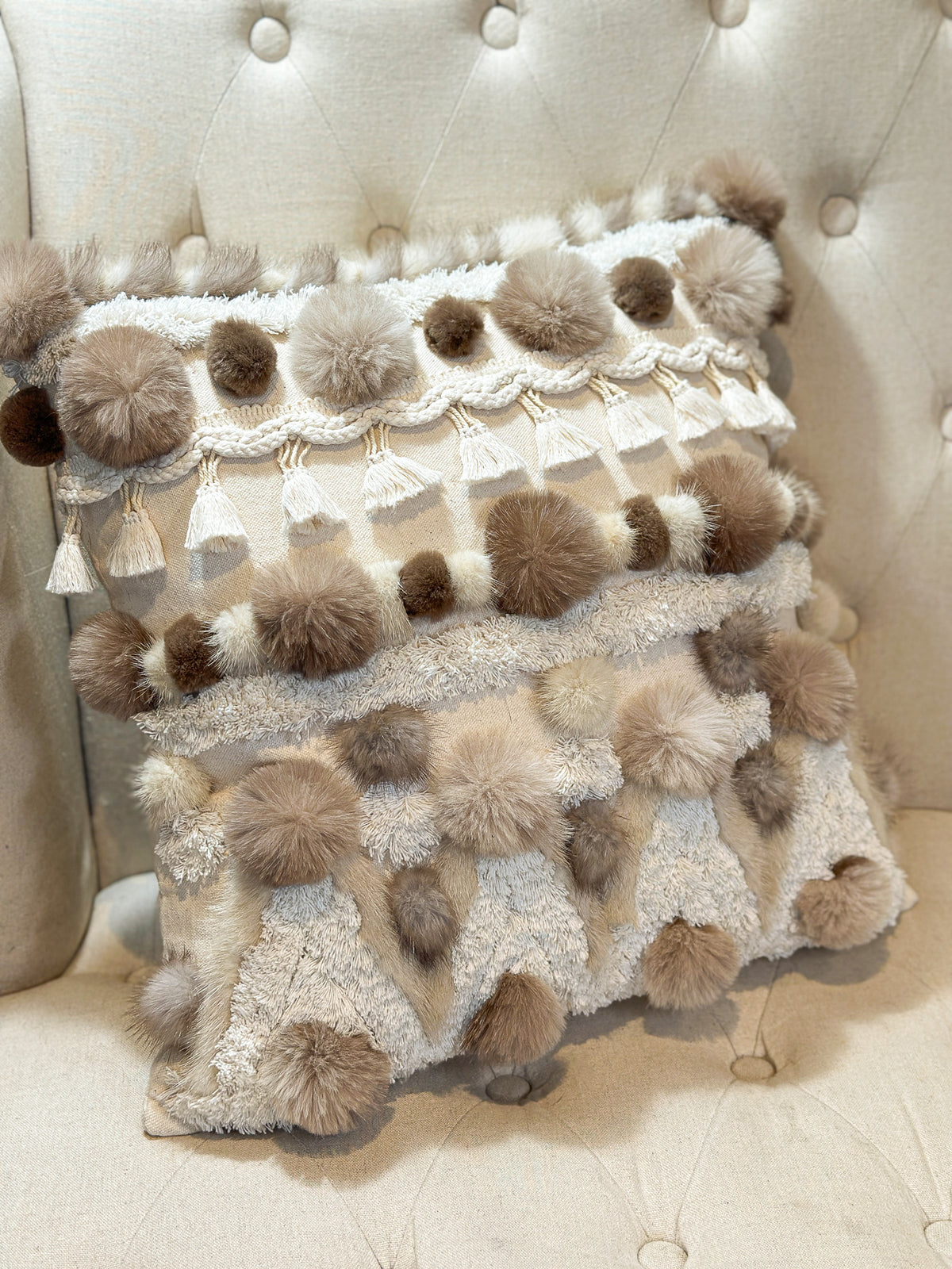 Coussin Bohème et fourrure recyclés - 18x18