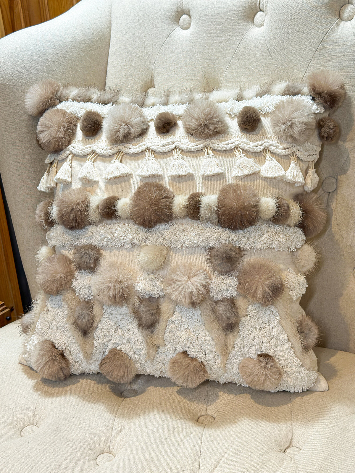 Coussin Bohème et fourrure recyclés - 18x18