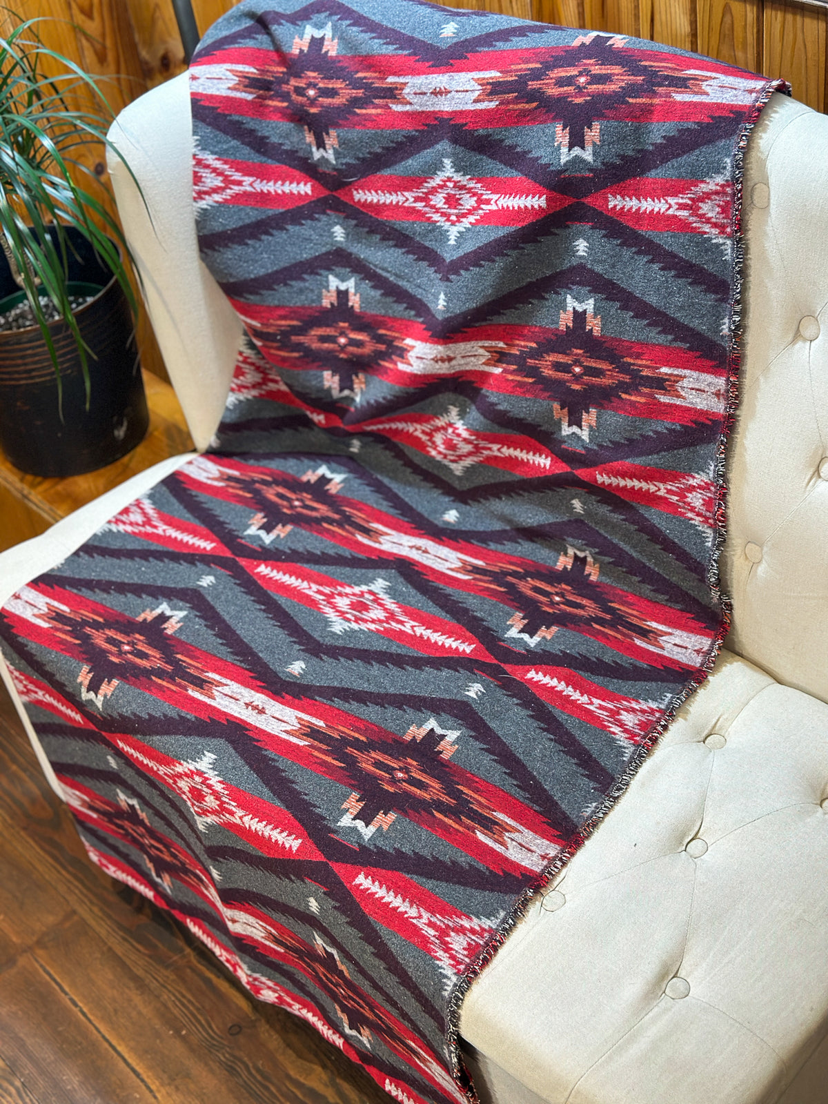Couverture - Jeté en laine à motif boho aztèque - Rouge et gris