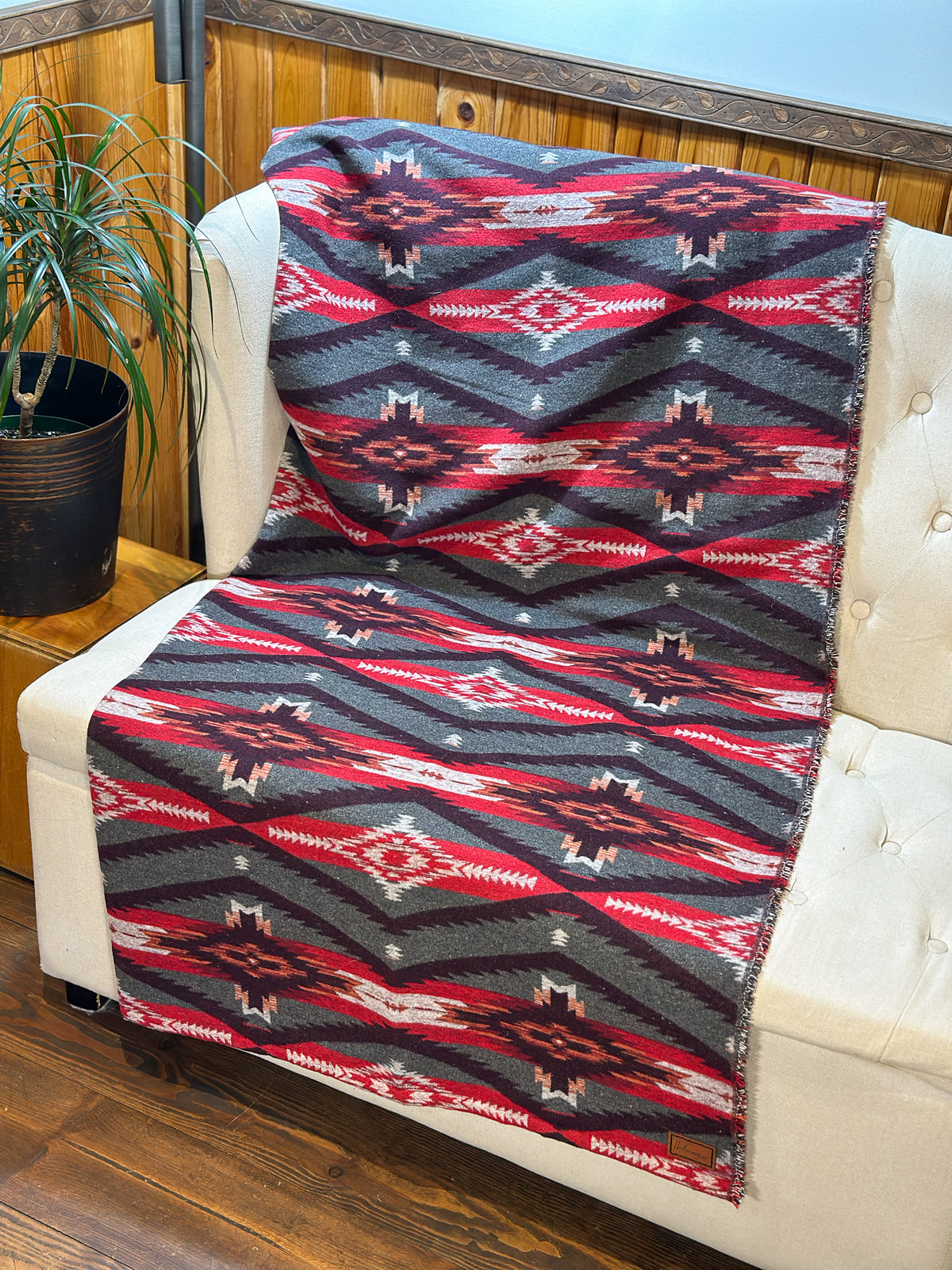 Couverture - Jeté en laine à motif boho aztèque - Rouge et gris