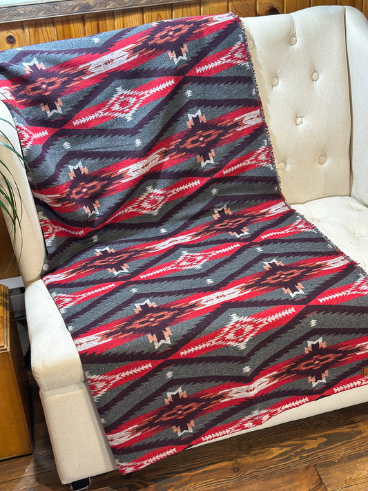 Couverture - Jeté en laine à motif boho aztèque - Rouge et gris