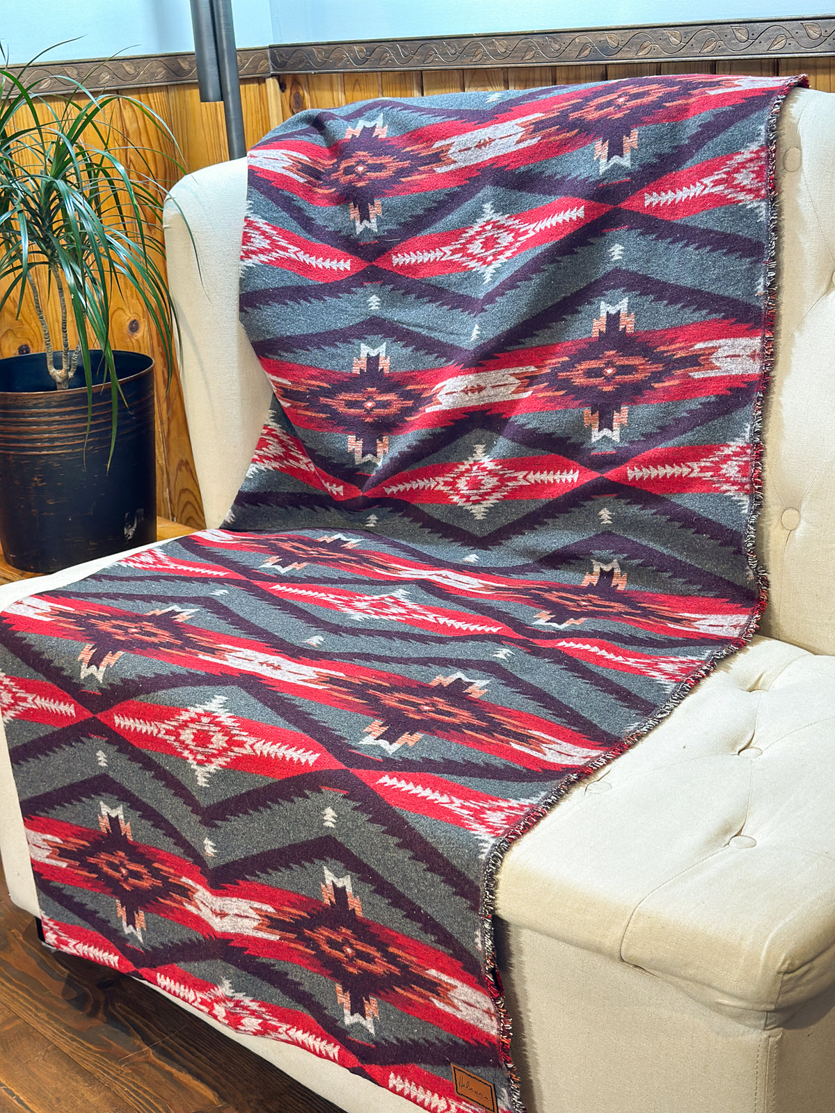 Couverture - Jeté en laine à motif boho aztèque - Rouge et gris