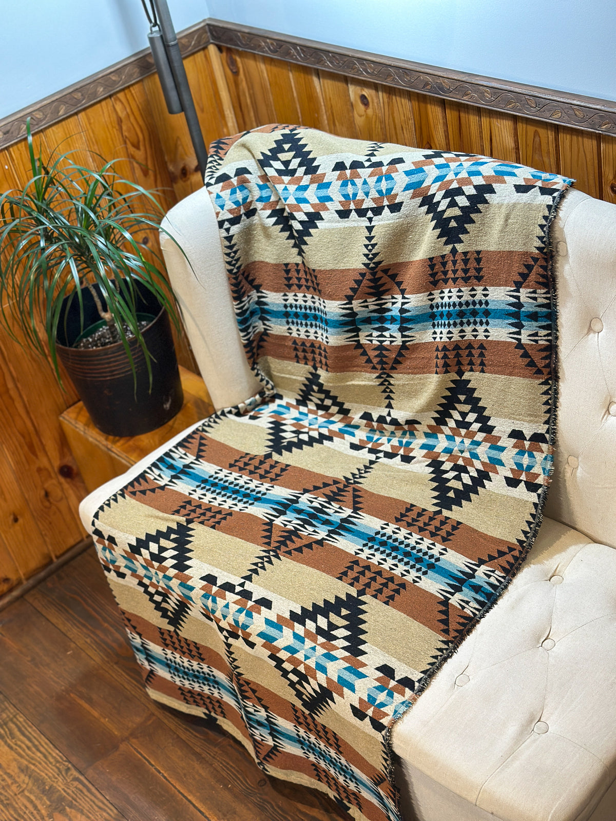 Couverture - Jeté en laine à motif boho aztèque - Beige et Noir