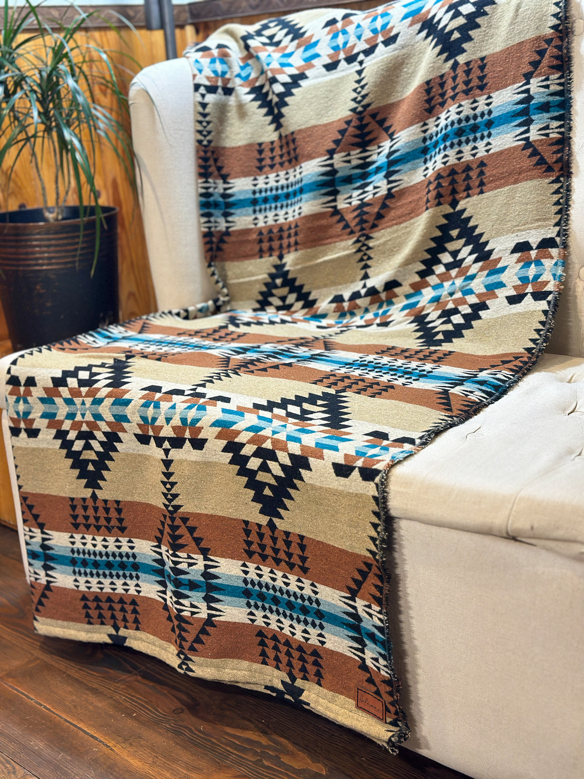 Couverture - Jeté en laine à motif boho aztèque - Beige et Noir