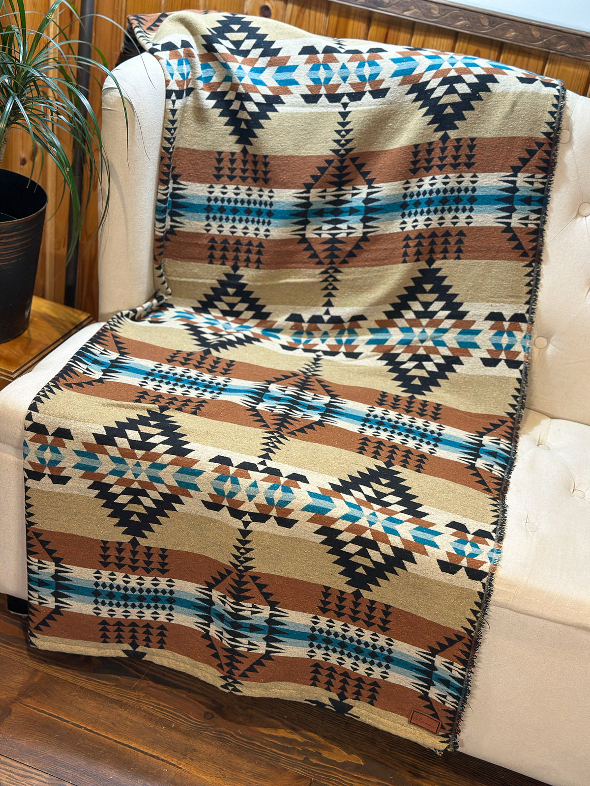 Couverture - Jeté en laine à motif boho aztèque - Beige et Noir