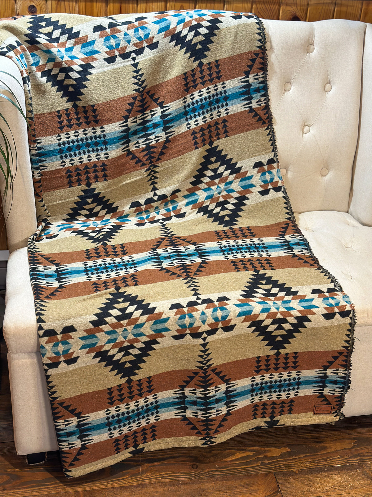 Couverture - Jeté en laine à motif boho aztèque - Beige et Noir