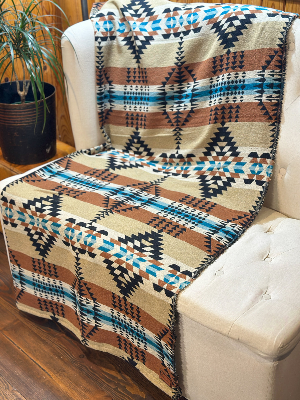 Couverture - Jeté en laine à motif boho aztèque - Beige et Noir