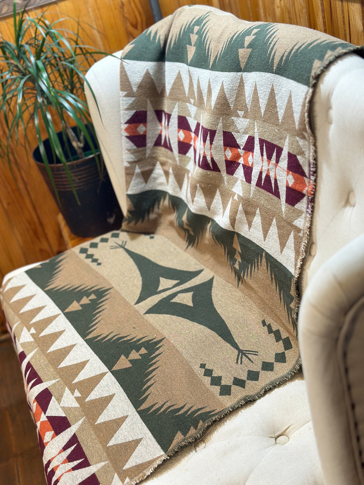 Couverture - Jeté en laine à motif boho aztèque - Vert et beige