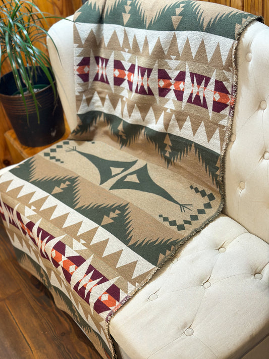 Couverture - Jeté en laine à motif boho aztèque - Vert et beige