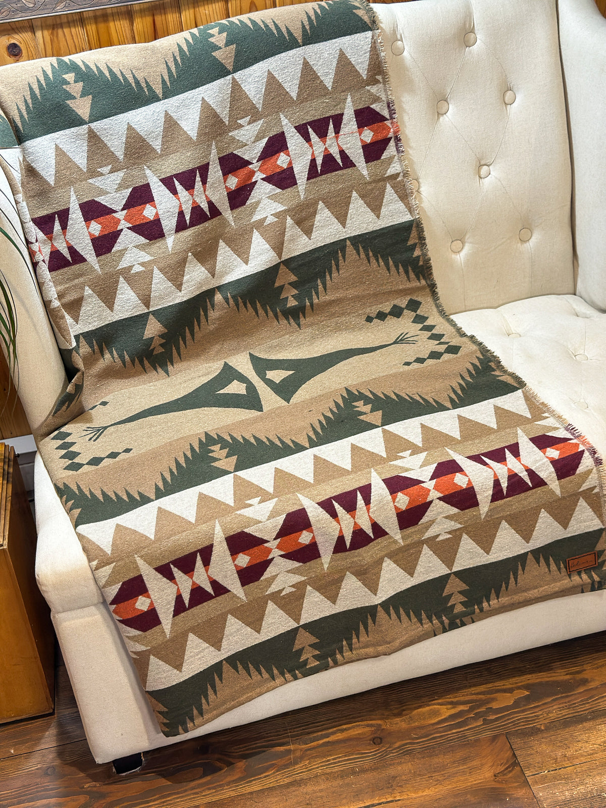 Couverture - Jeté en laine à motif boho aztèque - Vert et beige