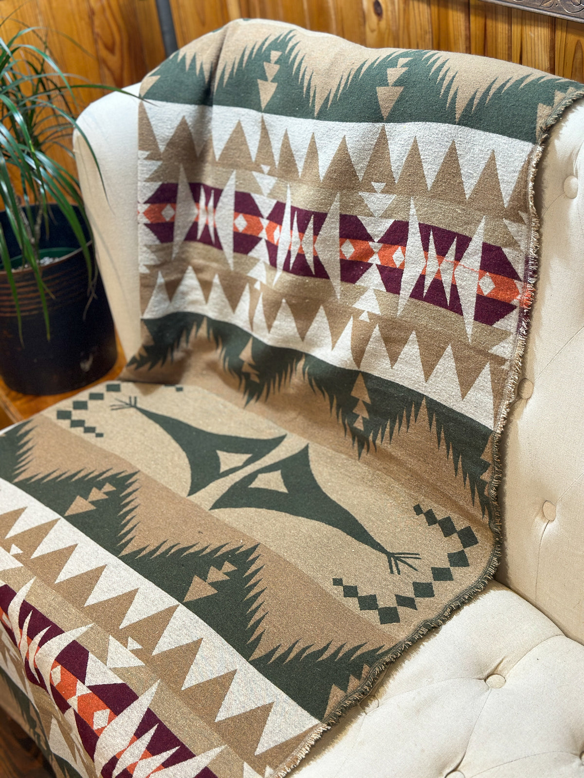 Couverture - Jeté en laine à motif boho aztèque - Vert et beige