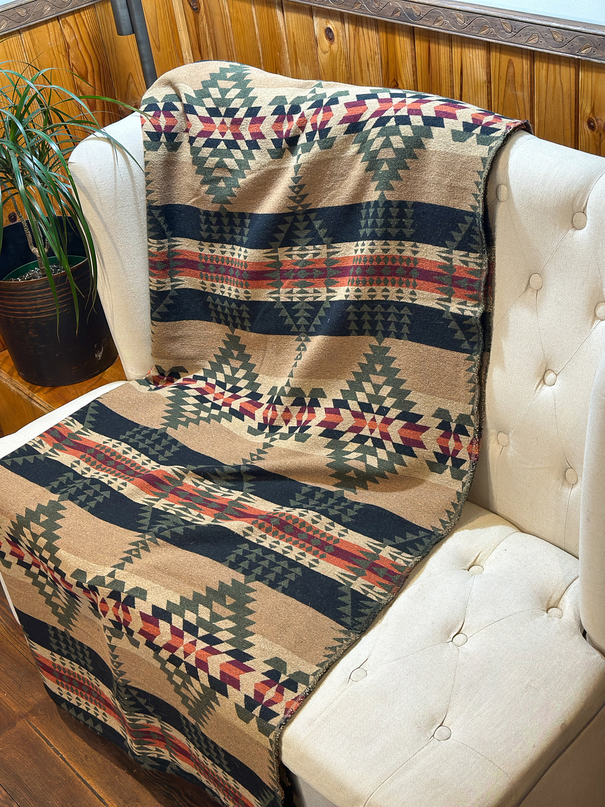 Couverture - Jeté en laine à motif boho aztèque - Vert et Noir
