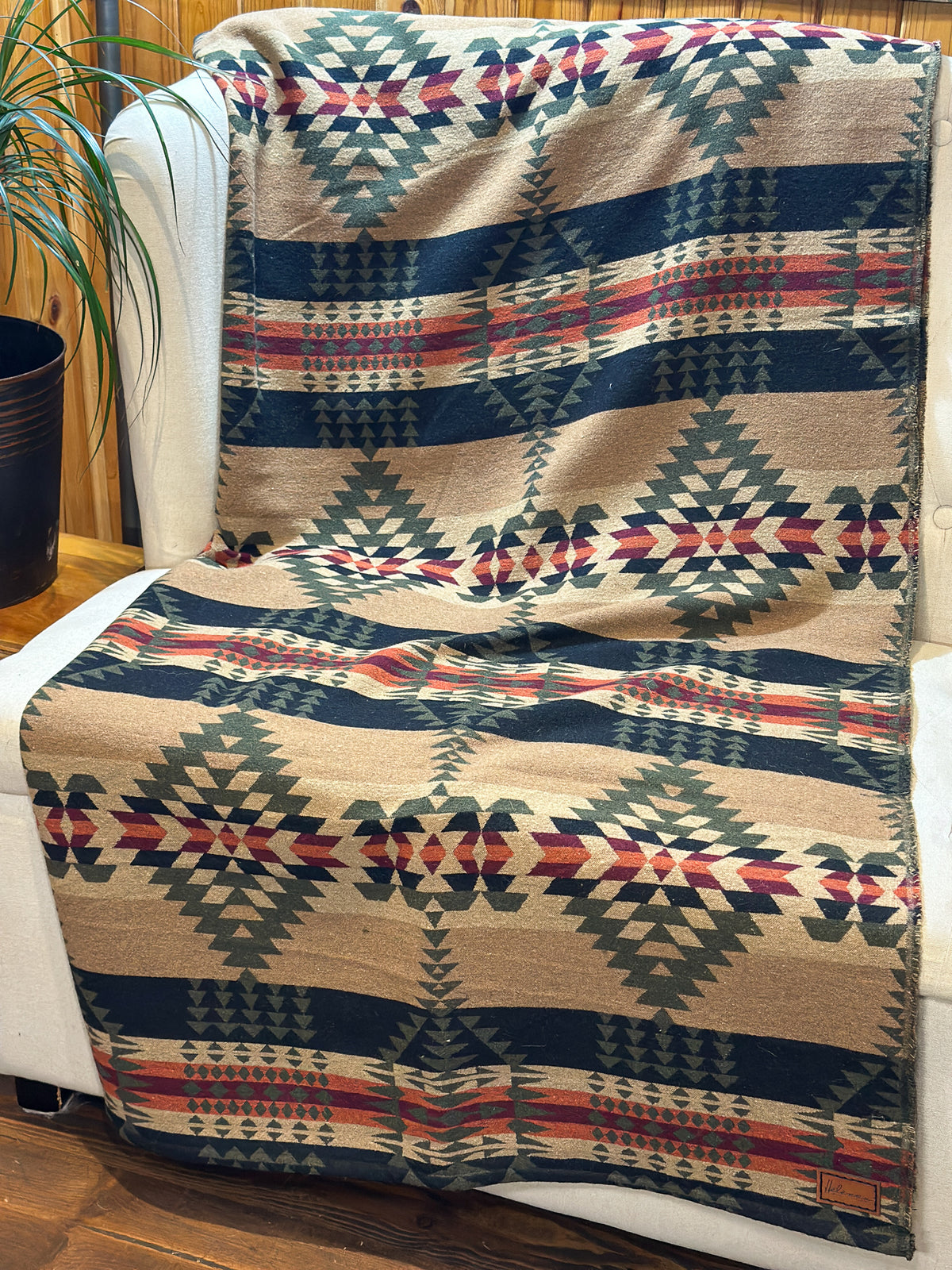 Couverture - Jeté en laine à motif boho aztèque - Vert et Noir