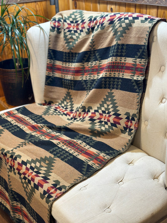 Couverture - Jeté en laine à motif boho aztèque - Vert et Noir