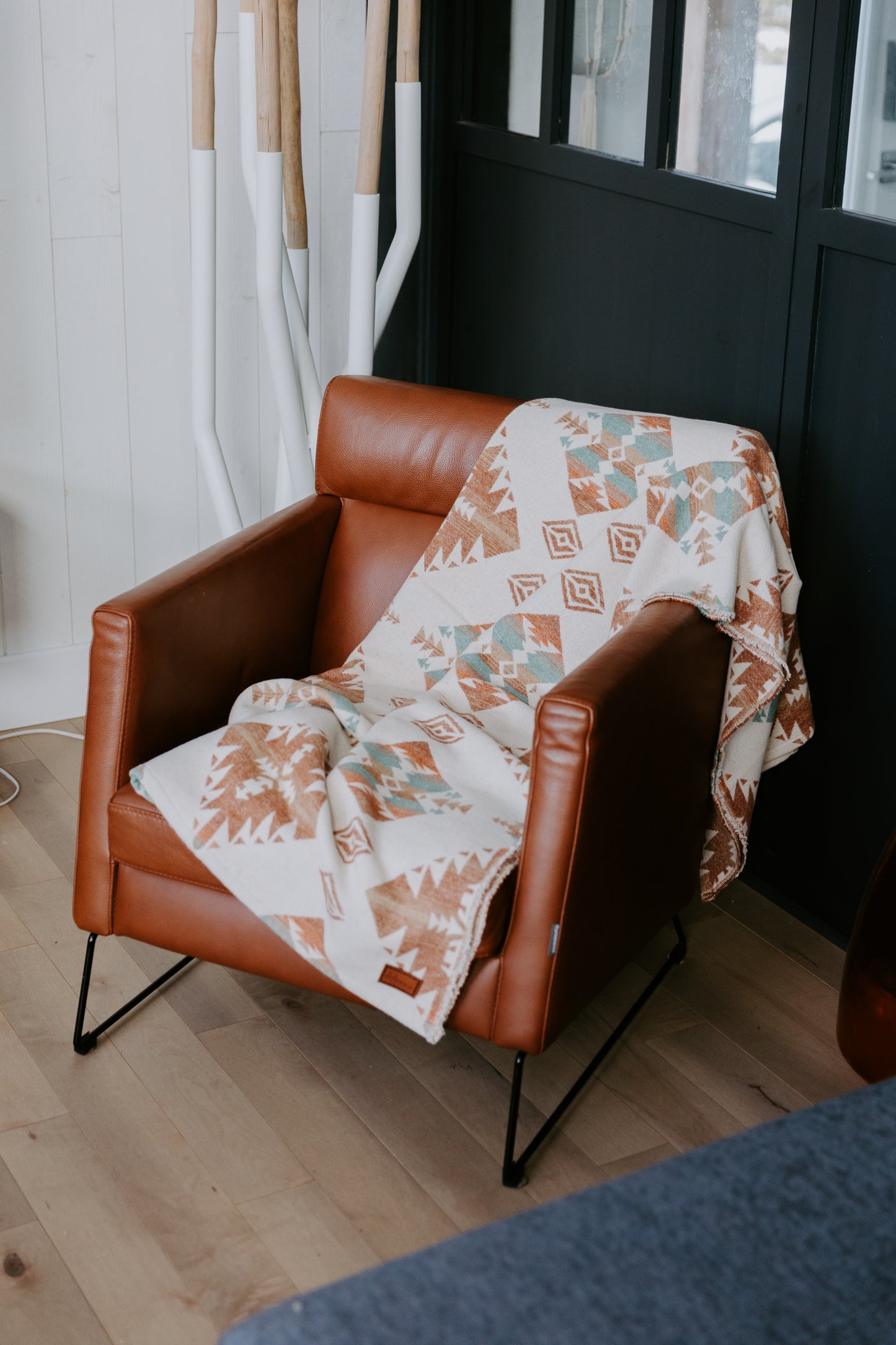 Home decor,  south west blanket on leather chair, cottage style