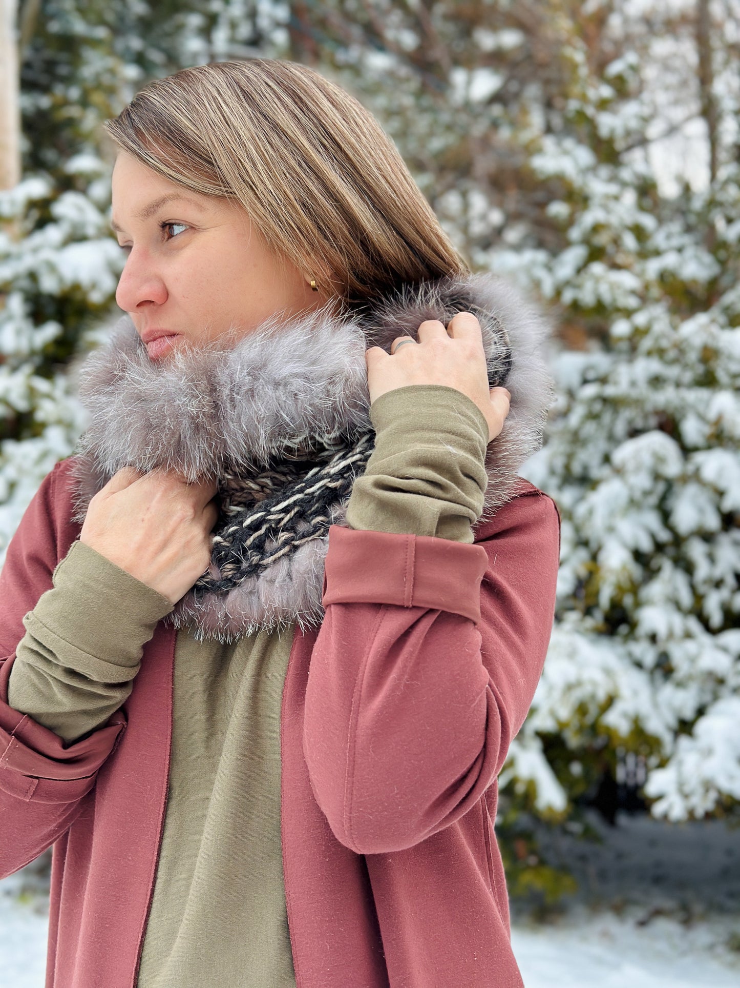 Foulard charcoal avec fourrure recyclée - Renard