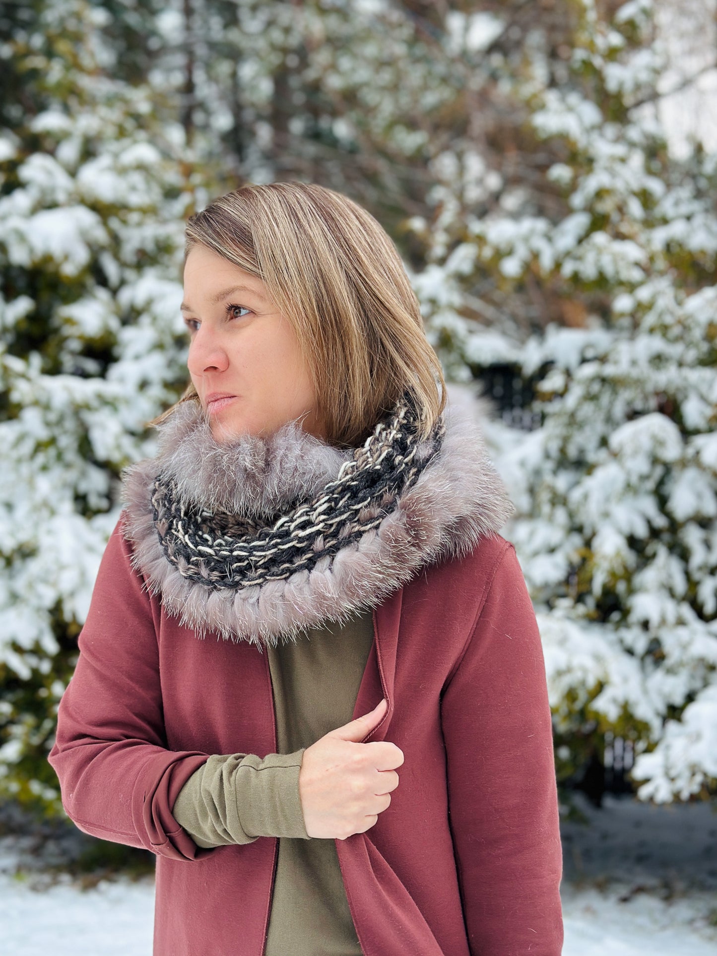 Foulard charcoal avec fourrure recyclée - Renard