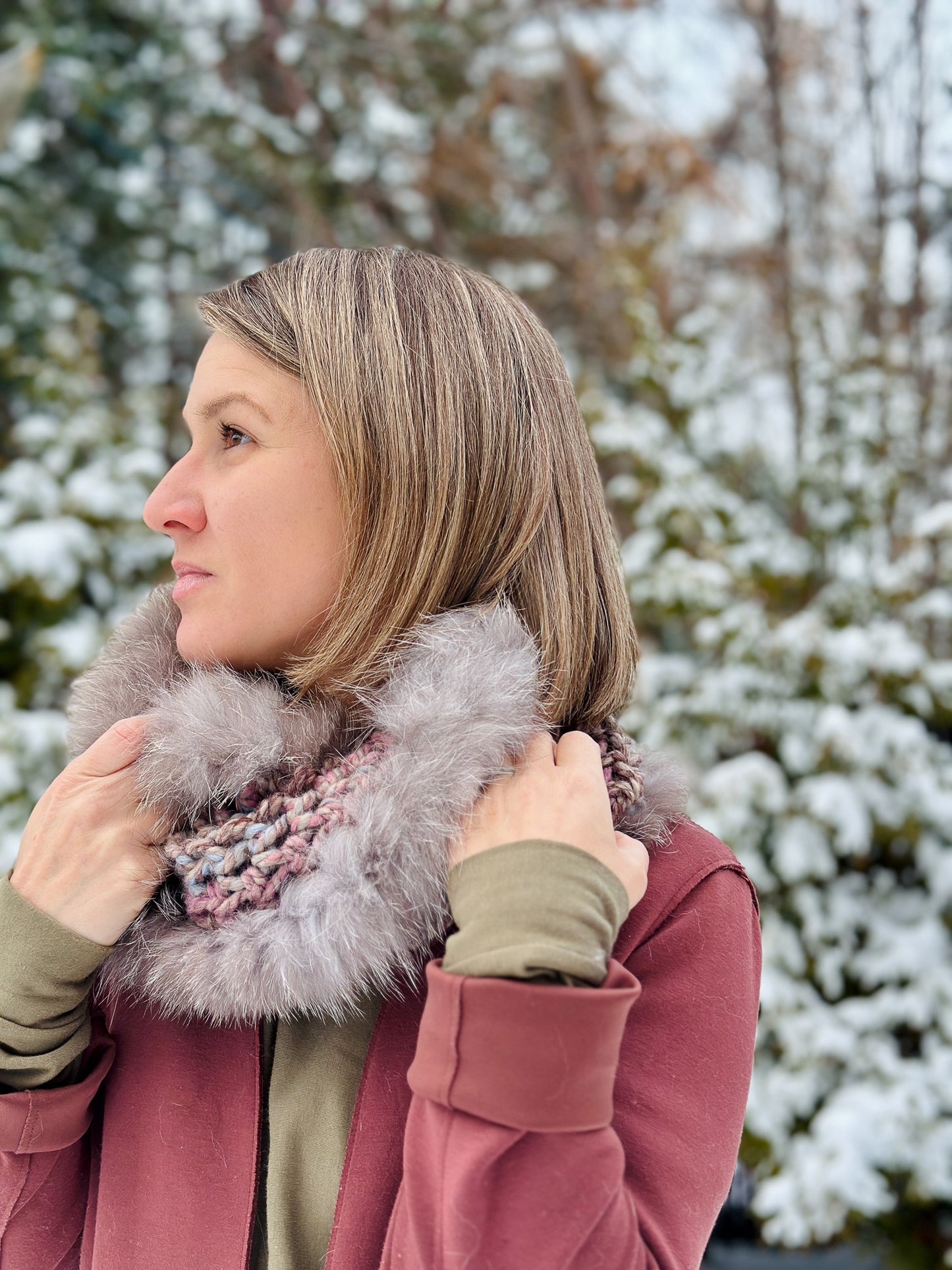 Foulard rose avec fourrure recyclée - Renard