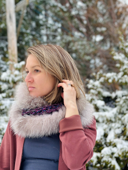 Foulard mauve avec fourrure recyclée - Renard